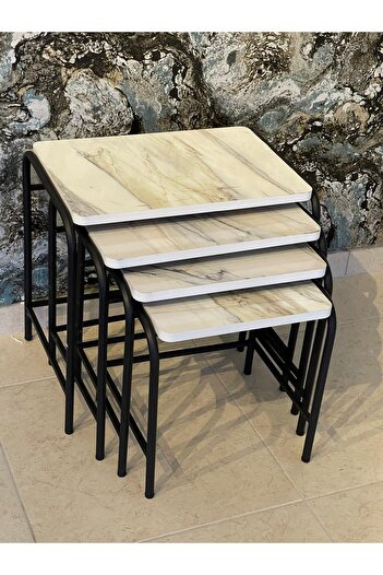 ASLANSTORE 4'lü Metal Zigon Sehpa Kb Mermer
