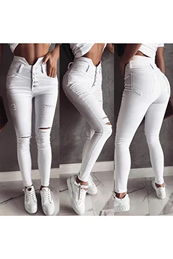 rengamoda Women's White Skinny Fit High Waist Multi Button and Ripped Detail Jeans