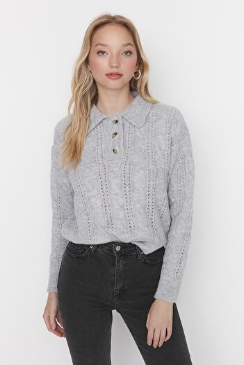Trendyol Collection Πλεκτό πουλόβερ γκρι γιακά πόλο Crop TWOAW23KZ00434