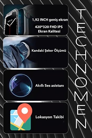 TECHNOMEN Airm7 Max Akıllı Saat Kablosuz Şarj 2 Tuş Aktif Konum Takip Siri Sesli Mesaj Yazma 1,92'' Geniş Ekrn