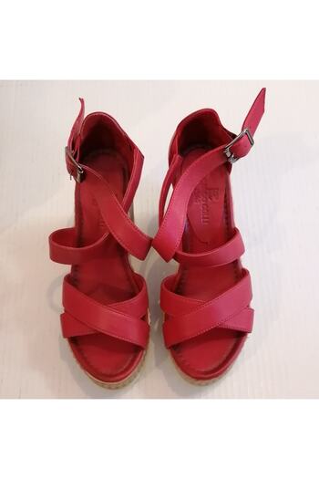 Riccardo Colli Women's Genuine Leather Red Soft Double Cross Strap Ankle Buckle Wedge Heeled Platform Sandals