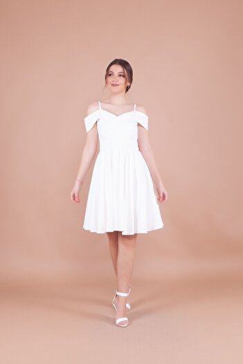 Bidoluelbise Women's Strappy Off-Shoulder Detail Pleated Mini Length Dress
