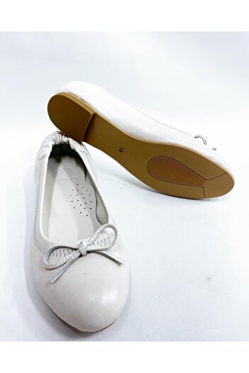 stok83 Women's Beige Cream Genuine Leather Ballerinas