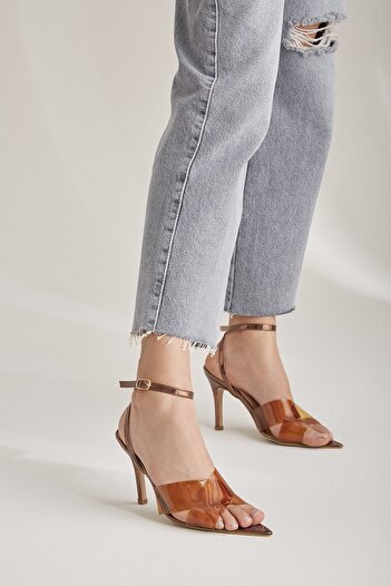 AYAKKABI PRENSİ Dorito Transparent Cross Banded Tan 8 cm Women's Classic Heeled Shoes