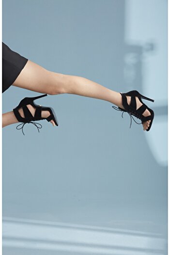 AYAKKABI PRENSİ 1453 Lace-Up Black Suede 10 cm Women's Classic Heeled Shoes