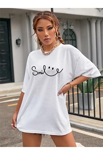 AFROGİYİM Γυναικείο μπλουζάκι Oversize με στάμπα White Smile