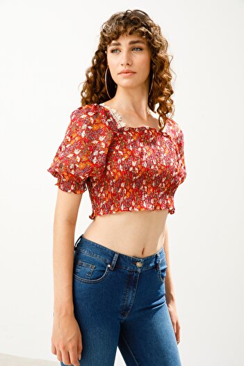 Ekol Desenli Crop Bluz