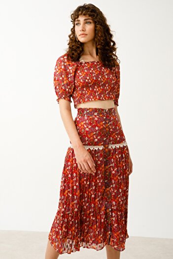 Ekol Desenli Crop Bluz