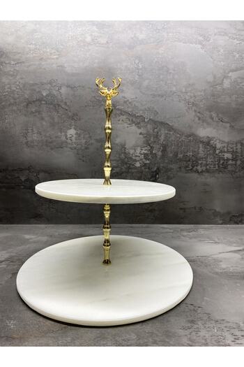Modestmar Natural Marble Cookie Holder & Cake Holder 2 Layers with Gold Deer Object