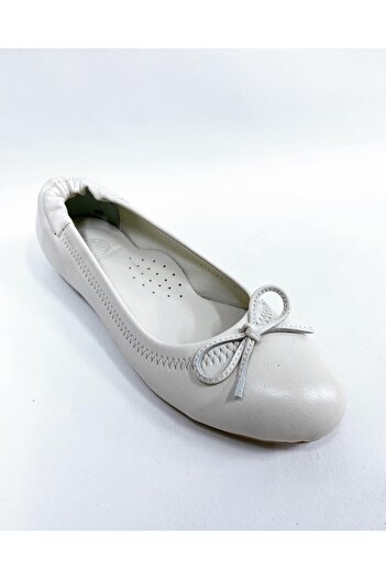stok83 Women's Beige Cream Genuine Leather Ballerinas