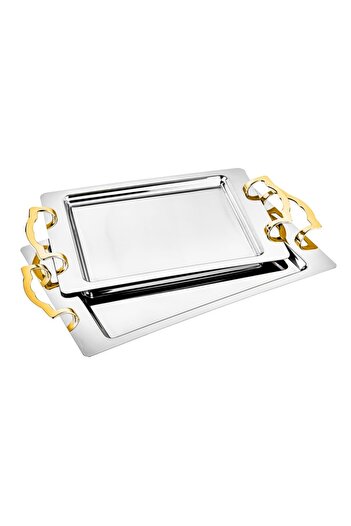 ÖZLİFE Lisa Gold 2-Piece Stainless Steel Tea Serving Tray