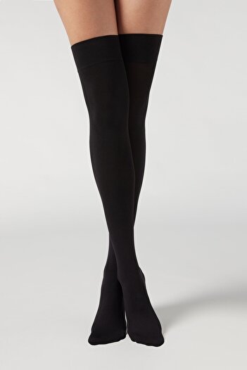 lovebox Women's Cotton Black Knee Socks Garter Oversized Black Long Socks
