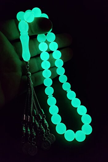 OTTOTESBİH Men's Gift 12mm Green Phosphorescent Cat's Eye Powder Amber Prayer Beads