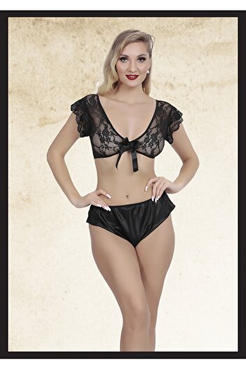 TİESSİ Women's Black Ribbon Detailed Fancy Top and Bottom Set New Model