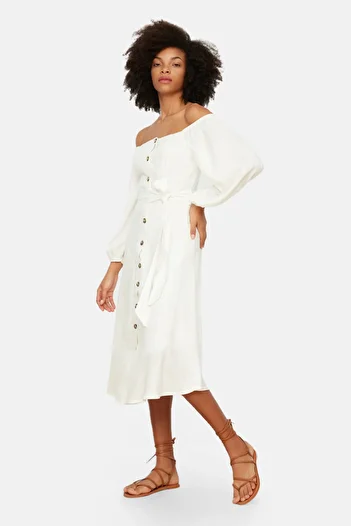 Trendyol Collection White Belted Midi Buttoned Square Neck Woven Linen Look Dress Twoss19Ie0009