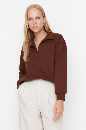 Trendyol Collection Hnědá Regular/Normal Fit Basic Polo límec Regular Tenká pletená mikina TWOAW23SW00003