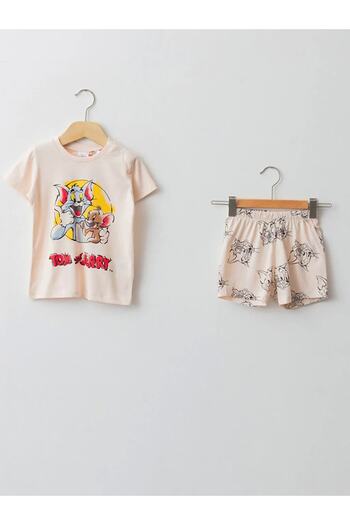 LC Waikiki Bisiklet Yaka Kısa Kollu Tom Ve Jerry Baskılı Pamuklu Erkek Bebek Pijama Takımı
