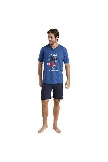 Nur Aka by Nurteks Men's Printed V-Neck Royal Blue Pajama Set
