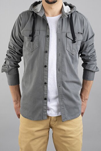 bombe Hooded Slim Fit Men's Denim Shirt Gray