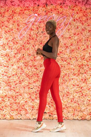 Grenj Fashion Red High Waist Honeycomb Leggings