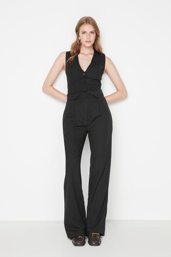 Trendyol Collection Μαύρο παντελόνι από υφαντό ύφασμα με φαρδύ πόδι/φαρδύ TWOAW22PL0263 Palazzo