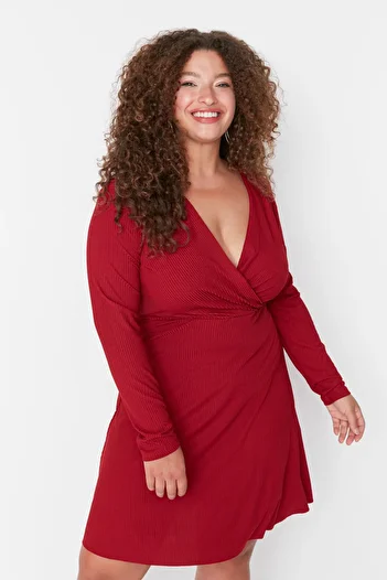 Trendyol Curve V-Neck Red Double Breasted Skater Dress - Plus Size Tbbaw23Ah00020