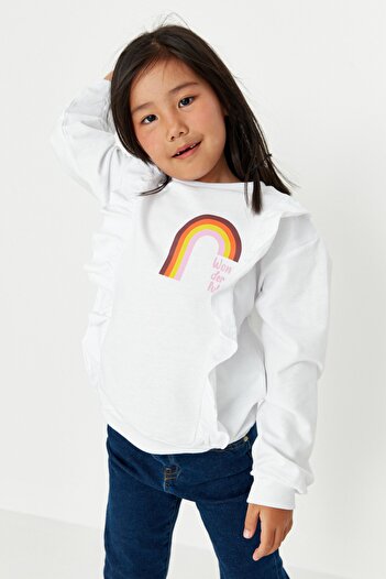 TRENDYOLKIDS White Frilly Printed Girl's Knitted Thick Sweatshirt