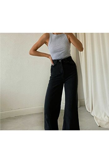 LİMABEL Lycra Black Loose High Waist Lycra Wide Leg Young Jeans
