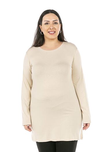 DISENTIS MODEST Plus Size Round Neck Long Sleeve Viscose Long Beige Body