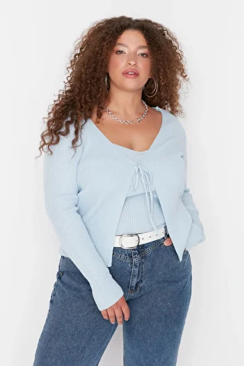 Trendyol Curve Blue V-Neck Tie Detailed Fine Knitwear Cardigan & Undershirt Suit TBBAW23AV00047