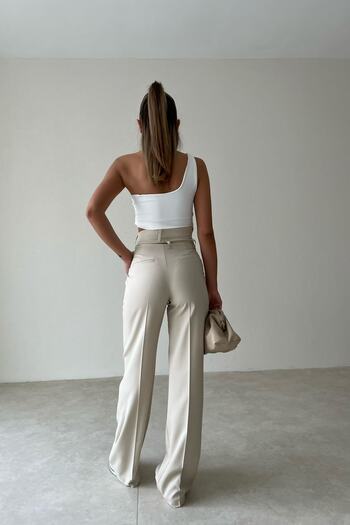 lovebox Cream Colored Atlas Fabric - Waist Detailed Wide Leg Palazzo Trousers 056