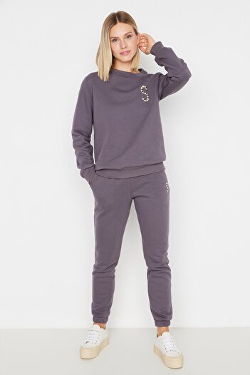 Trendyol Collection Anthracite Thick Basic Jogger Κεντημένες Πλεκτές Φόρμες TWOAW23EM00069