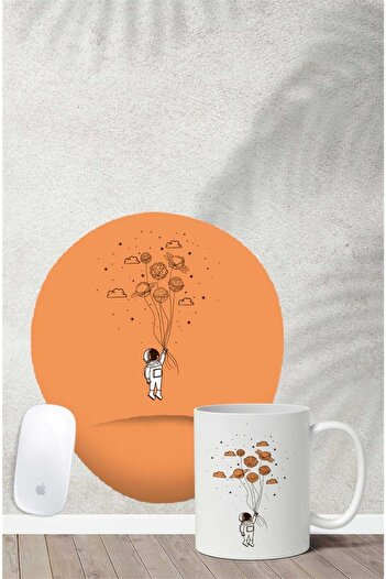 Gizeo Concept Space Astronot Desenli Bilek Destekli Mouse Pad Kupa Seti