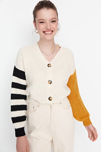 Trendyol Collection Ecru Color Block Button Detailed Knitwear Cardigan