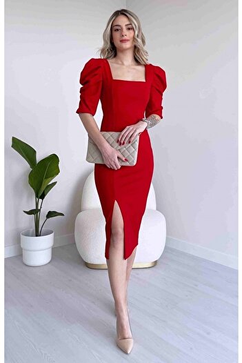 vuvutasarım Square Neck Stretchy Fabric Midi Length Short Sleeve Black Evening & Graduation Dress 026