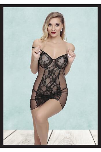 LoeFit Black Lace and Tulle Detailed Sexy Fancy Women's Night Set - Nightgown Low-cut