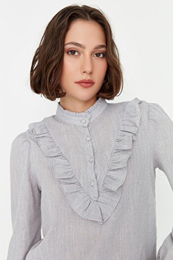 Trendyol Collection Long Sleeve Gray Ruffle Woven Blouse - TWOSS21BZ0325