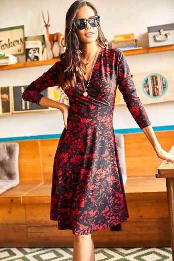 Olalook Women's Red Black Patterned Double-breasted Dress ELB-19000994