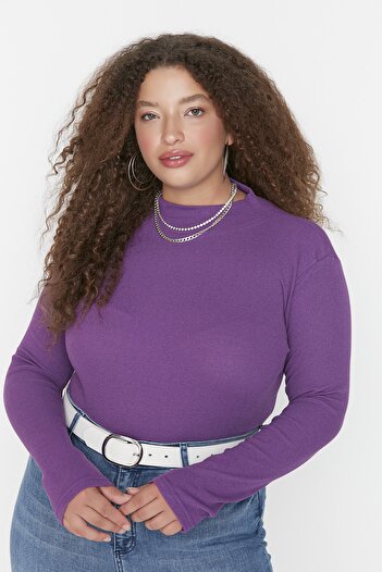 Trendyol Curve Purple Stand Collar Bodycone/Body Fitting Ribbed Knitted Plus Size Blouse Tbbaw23Af00003
