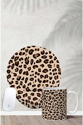 Gizeo Concept Leopar Desenli 2 Bilek Destekli Mouse Pad Kupa Seti
