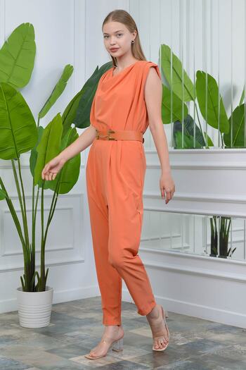 Neşeli Butik Orange Women's Padded Belt Detailed Zero Sleeve Pocket Jumpsuit Nb10051