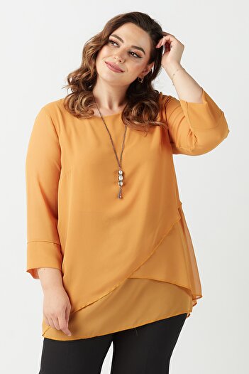 Moda Alba Mustard-yellow Three-quarter Sleeve Necklace Chiffon Plus Size Stylish Blouse