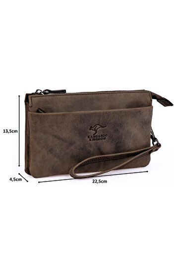 KANGAROO KINGDOM Gri Erkek El Portföy Clutch Çantası Hakiki Dana Deri Crazy Horse 5488-zg