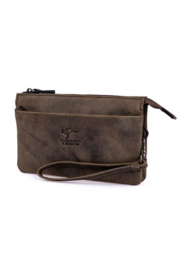 KANGAROO KINGDOM Gri Erkek El Portföy Clutch Çantası Hakiki Dana Deri Crazy Horse 5488-zg