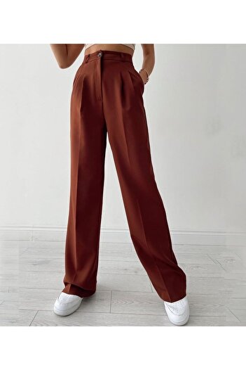MAGZA Women's Brown Pleated Pocket Fabric Palazzo Trousers