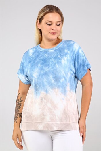Seamoda Blue-Beige Batik T-Shirt with Side Slits