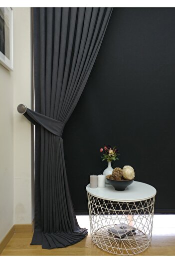 Evdepo Home Anthracite Solid Color Pleated Soft Background Curtain, 1/2 Sparse Pleat, Single Wing