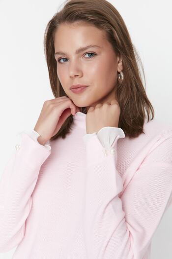 Trendyol Modest Pink Sleeve Pearl részletes kötöttáru pulóver TCTAW23AK00027