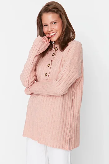 Trendyol Modest Powder Collar Buttoned Ribbed Knitwear Sweater TCTAW23AK00035