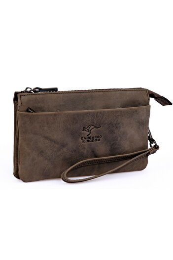 KANGAROO KINGDOM Gri Erkek El Portföy Clutch Çantası Hakiki Dana Deri Crazy Horse 5488-zg